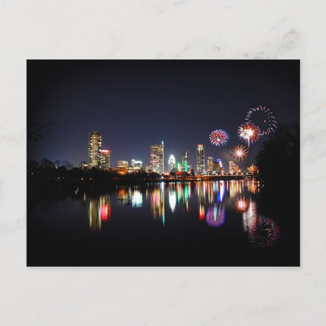 Cartão Postal Centro Austin Texas Night Skyline Fireworks (Frente)