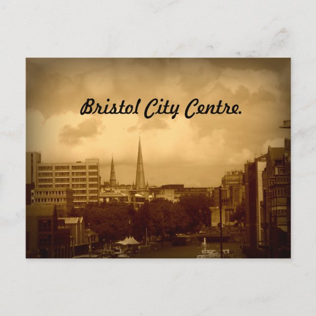 Cartão Postal Centro da cidade de Bristol. Na Sépia. (Frente)