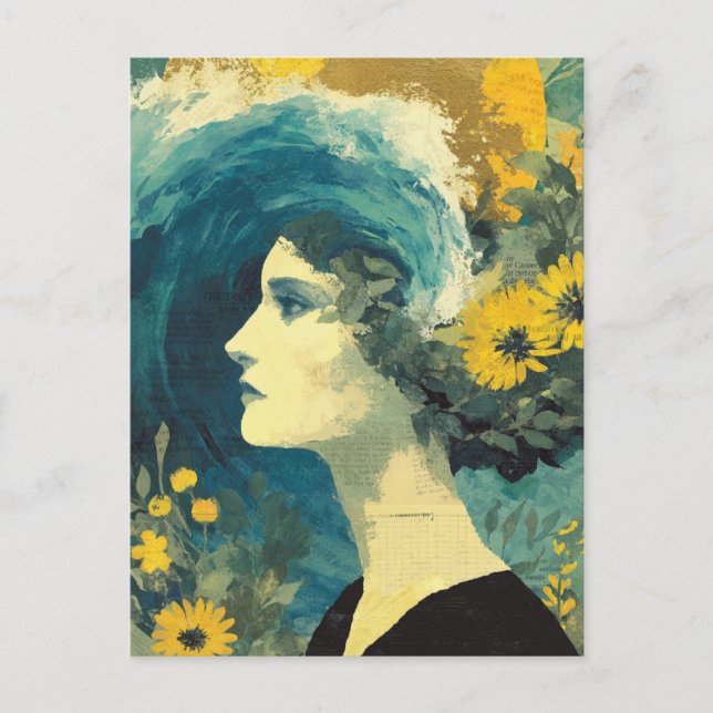 Cartão Postal Cérebro Ondas e flores Colagem (Frente)