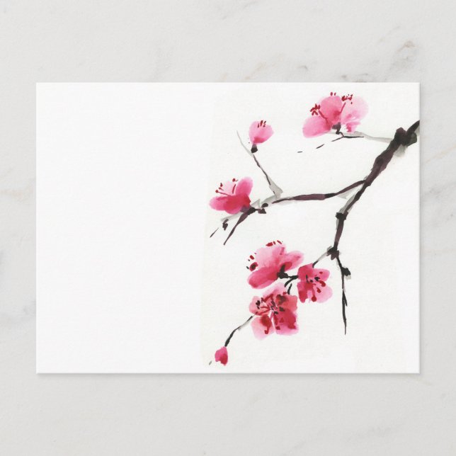 Cartão Postal Cereja florescente. Primavera. Tinta e pincel. (Frente)