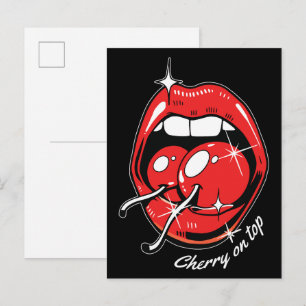 Cartão Postal Cereja no Topo Arte Pop Lábios Vermelhos e Cerejas