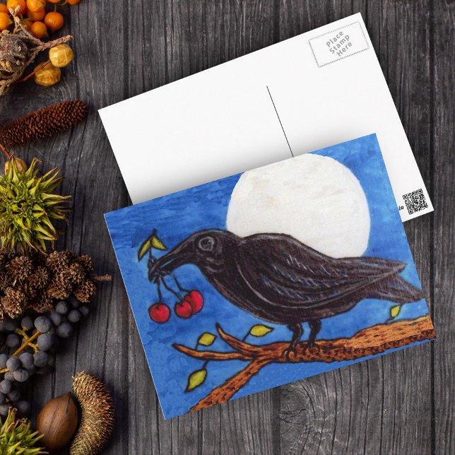 Cartão Postal Cerejas Luar da Corvo Preto (Black crow on branch holding cherries full moon blue night sky on postcard.)