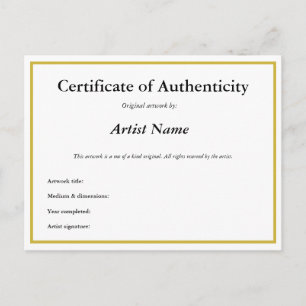 Cartão Postal Certificado de Autenticidade Personalizável para A
