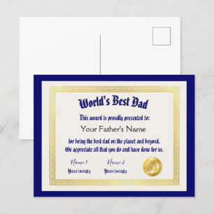 Cartão Postal Certificado de Melhor Pai do Mundo Divertido Moder