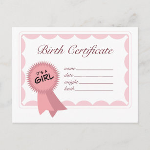 Cartão Postal Certificado de Nascimento para Rapariga