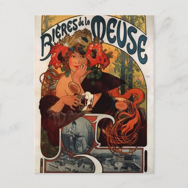 Cartão Postal Cerveja da Meusa de Alphonse Mucha (Frente)