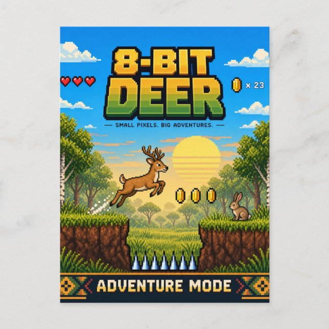 Cartão Postal Cervo, Arte Pixel Retro de 8 Bits (Frente)