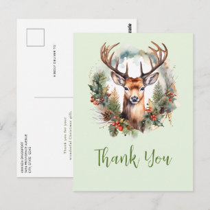 Cartão Postal Cervo Marrom com Galhadas Natal Rústico Obrigado