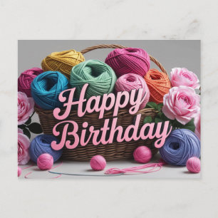 Cartão Postal Cesta de Aniversário com Bolas de Lã e Rosas