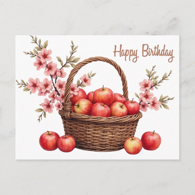 Cartão Postal Cesta de Aniversário Feliz com Maçãs (Frente)