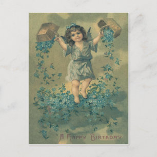 Cartão Postal Cesta de Anjo Cherubim Não-Me-Esqueças