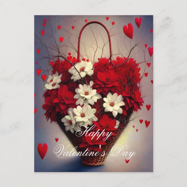 Cartão Postal Cesta de corações e flores valentine (Frente)