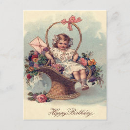 Cartão Postal Cesta de Flores de Menina Pequena Carta Fofa