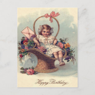 Cartão Postal Cesta de Flores de Menina Pequena Carta Fofa