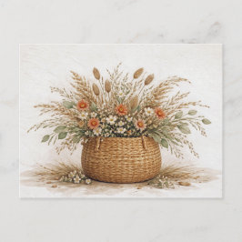 Cartão Postal Cesta de Flores Silvestres Boho Pintada em Aquarel