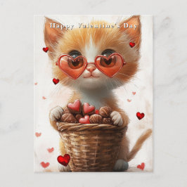 Cartão Postal Cesta de Gatos Gengibre do Dia dos Namorados Coraç