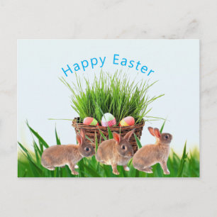 Cartão Postal Cesta de Páscoa e Coelhos Feliz Feriado