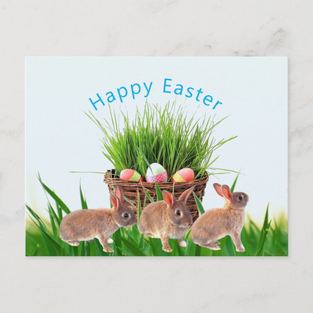Cartão Postal Cesta de Páscoa e Coelhos Feliz Feriado (Frente)