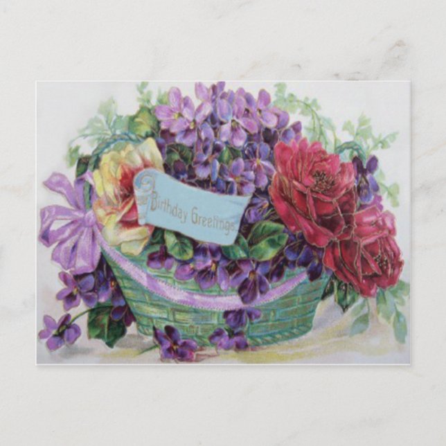 Cartão Postal Cesta Floral de Flores Rosa Violeta (Frente)