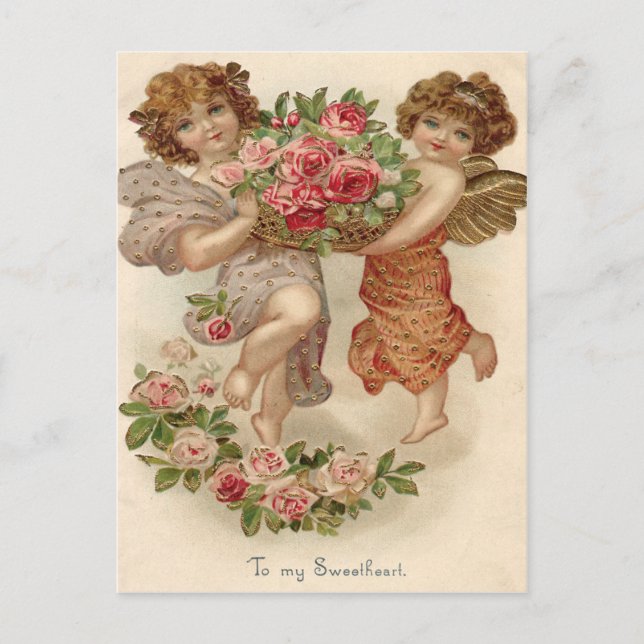 Cartão Postal Cesto de Anjo Querubim Cupido Rosas Rosa (Frente)