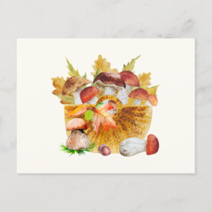 Cartão Postal Cesto de Aquarela com Cogumelos Florestais de outo