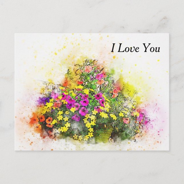 Cartão Postal Cesto de Aquarela de Flores Bonitas (Frente)
