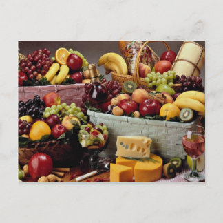 Cartão Postal Cestos de frutas, frutas mistas e queijos
