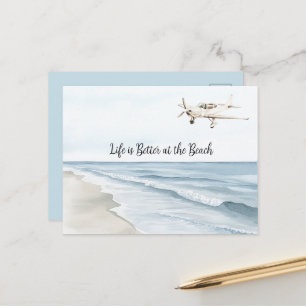 Cartão Postal Céu Azul Avião Branco Praia Oceano Costa