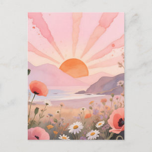 Cartão Postal Céu de Pôr do Sol Pastel com Prado de Flores Silve
