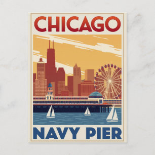 Cartão Postal Céu Noturno do Chicago Navy Pier Retrô