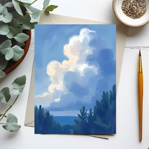 Cartão Postal Céus Nublados   Pintura em Aquarela da Floresta Az