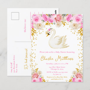 Cartão Postal Chá de Bebê Cisne Rosa e Rosas Douradas
