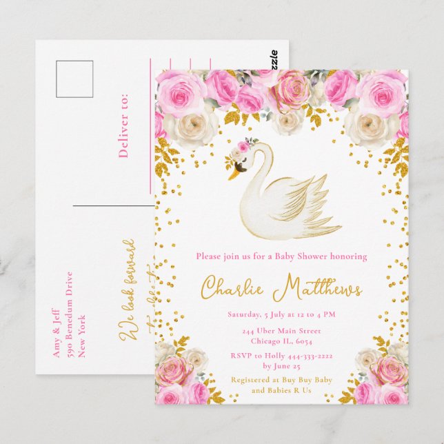 Cartão Postal Chá de Bebê Cisne Rosa e Rosas Douradas (Frente/Verso)