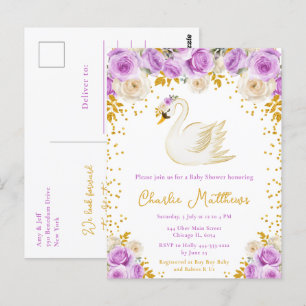 Cartão Postal Chá de Bebê Cisne Roxo e Rosas Douradas