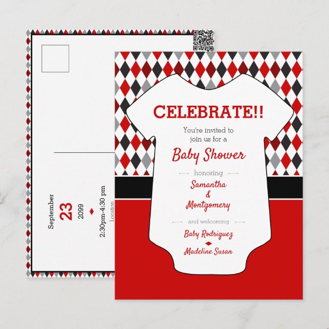 Cartão Postal Chá de Bebê com Padrão Xadrez Vermelho e Preto (Frente/Verso)