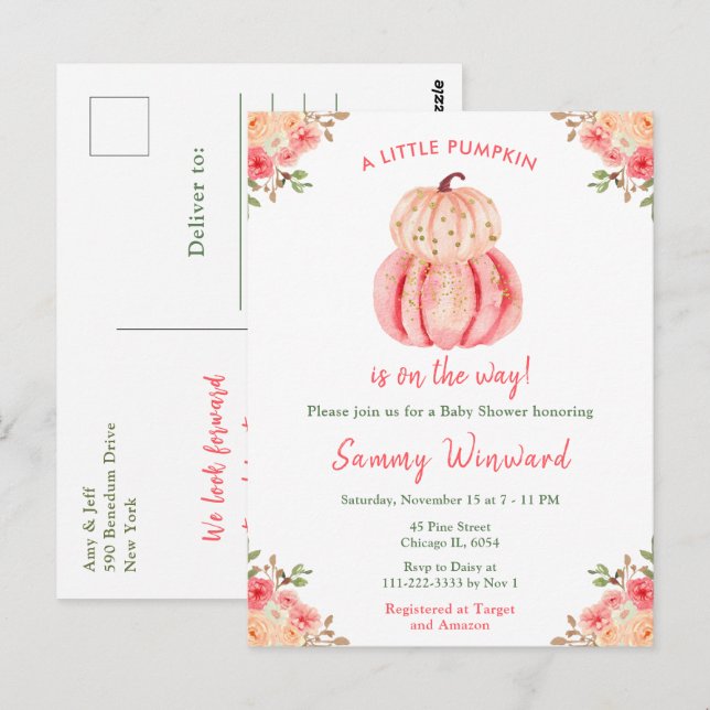 Cartão Postal Chá de Bebê de Abóboras Rosa e Pêssego (Frente/Verso)