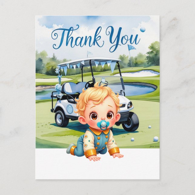 Cartão Postal Chá de Bebê de Golfe tema Menino  (Frente)