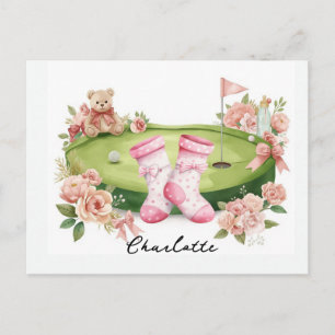 Cartão Postal Chá de Bebê de Menina de Golfe com ursinho rosa 