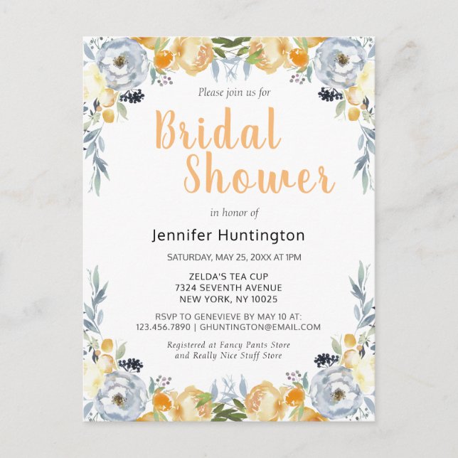 Cartão Postal Chá de Bebê de Noiva Boho Floral Pêssego (Frente)