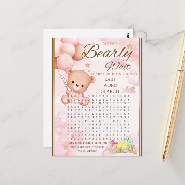 Cartão Postal Chá de Bebê de Ursinho Menina Jogo (Frente/Verso In Situ)