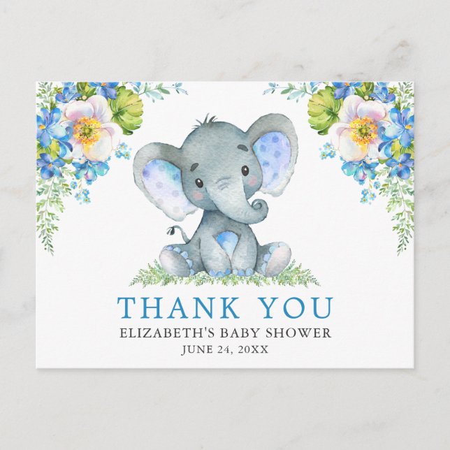 Cartão Postal Chá de Bebê Elefante Floral Azul Aquarela (Frente)