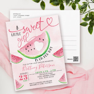 Cartão Postal Chá de Bebê em Aquarela Rosa Melancia