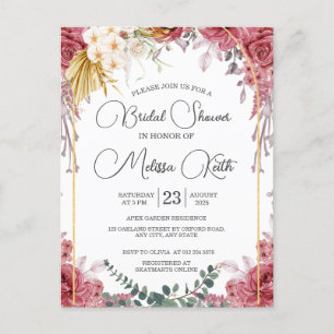 Cartão Postal Chá de Bebê Floral em Tons de Borgonha e Dourado c