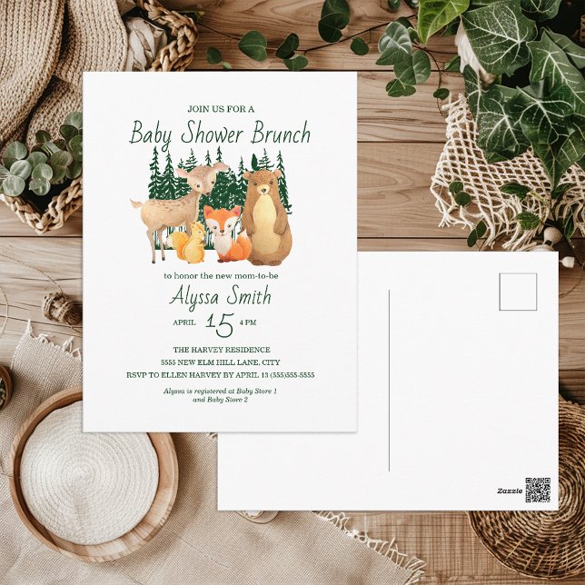 Cartão Postal Chá de Bebê Floresta da Madeira Brunch (Woodland Animals baby shower postcard invitation)