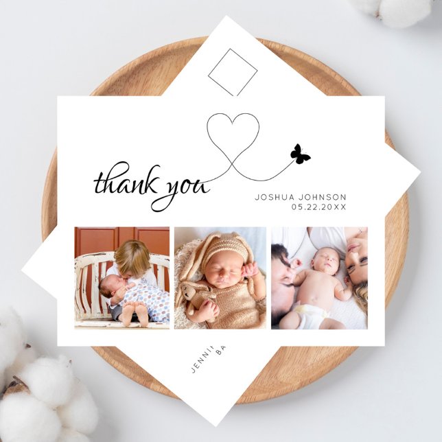 Cartão Postal Chá de Bebê Moderno Elegante Script Mínimo 3 Fotos (elegant photo collage baby shower / new baby thank you postcard)