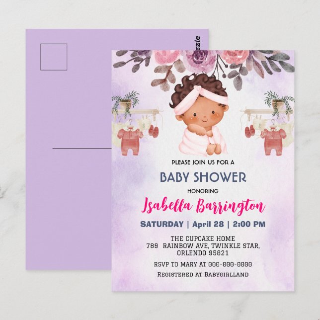 Cartão Postal Chá de Bebê Rosa Flores Meninas Bebês Fofas (Frente/Verso)