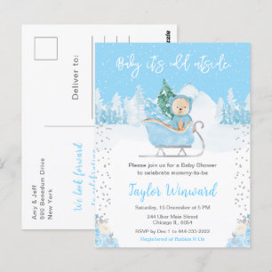 Cartão Postal Chá de Bebê Urso de Inverno Azul Trenó
