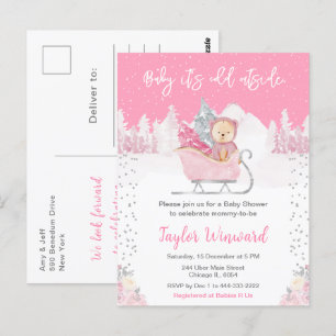 Cartão Postal Chá de Bebê Urso de Inverno Rosa Trenó
