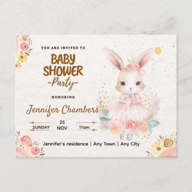 Cartão Postal Chá de fraldas - Coelhinho Rosa Bonito. Editável (Frente)