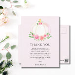 Cartão Postal Chá de fraldas da moça de abóbora rosa - Obrigado<br><div class="desc">Obrigado sua família e amigos por seus presentes pensativos e por assistir ao chá de sua filhinha com esse obrigado bonito. É decorada com uma adorável aquarela de uma abóbora rosa,  rosas e folhagem verde sobre um fundo rosa macio. Facilmente personalizado. Original Watercolor © Michele Davies.</div>